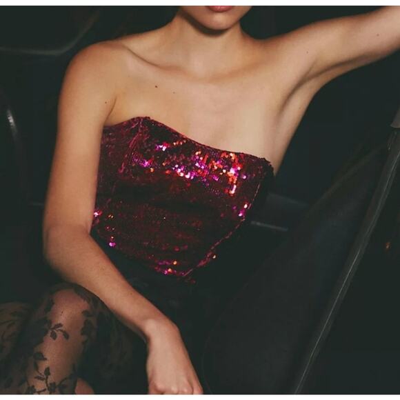 Hutch Hot Pink Sequin Strapless Crop Top  Size 6, Bow Tie Accent NEW - Picture 3 of 12